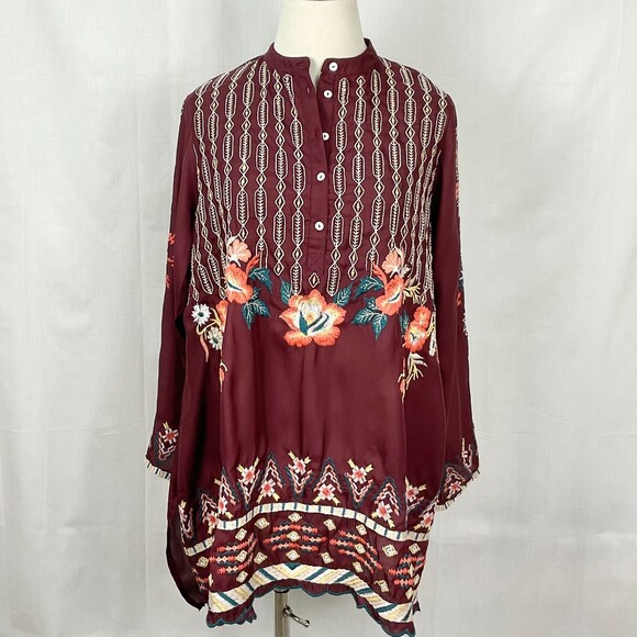 Embroidered Floral Boho Tunic Top Sz Small Karyn Seo Navi Bohemian Silky - Picture 1 of 8